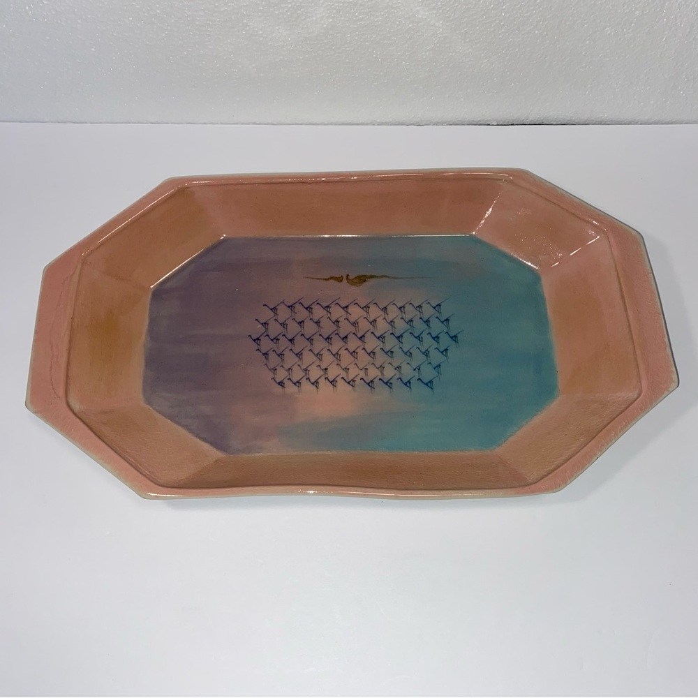 John Staples Signed Hand Formed Painted Glazed Pottery Platter Long Octagon
